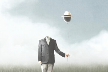 illustration of surreal man without face holding a black balloon, surreal  abstract concept - obrazy, fototapety, plakaty