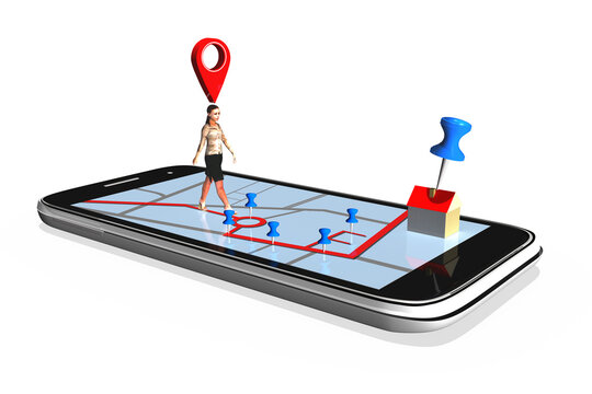 3d Smartphone mit Langkarte und Routenplaner, GPS Tracking und Sticker, isoliert