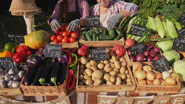 An elder woman with her granddaughter are trading together at the farmers market, preparing the trade counter by placing price tags for fresh vegetables and fruits