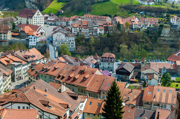 Fototapeta na wymiar Die historische Altstadt von Fribourg in der Schweiz im Kanton Schwyz
