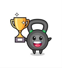 Cartoon Illustration of kettlebell is happy holding up the golden trophy