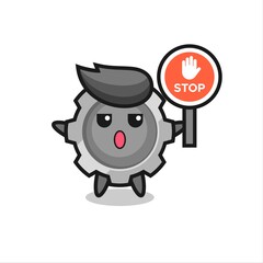 gear character illustration holding a stop sign