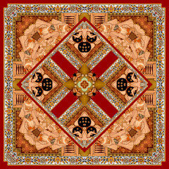 traditional square scarf with different geometric and paisley pattern
