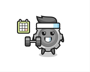 gear mascot cartoon doing fitness with dumbbell