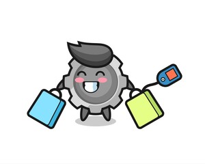 gear mascot cartoon holding a shopping bag