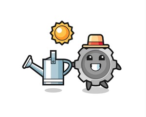 Cartoon character of gear holding watering can