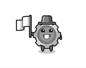 Cartoon character of gear holding a flag