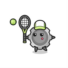 Cartoon character of gear as a tennis player