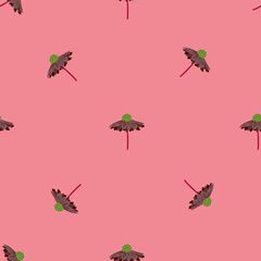 Simple minimalistic style botany seamless pattern with doodle gerbera flower shapes. Pink background.