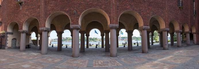 Colonnade at the Stockholm Town City Hall at sunset a summer day.