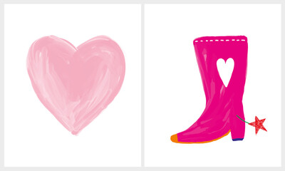Simple Girly Vector Illustration with Big Irregular Shape Heart and Pink Funny Cowboy Boots Isolated on a White Background. Funny Infantile Style Print ideal for Card, Poster. Girls' Room Decoration.