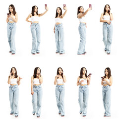 Collection of trendy gen Z girls using phone taking selfies talking on phone speaker. Full body...