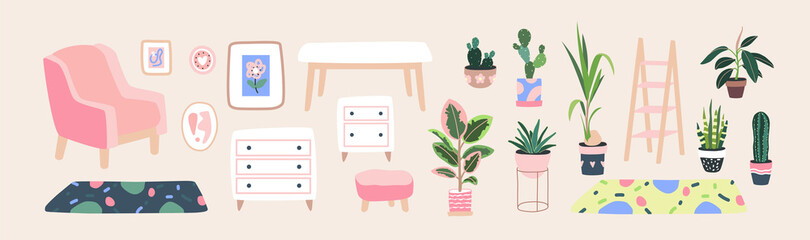 Living room furniture. Home plants in flowerpot. Houseplants isolated. Trendy hugge style, vintage urban jungle decor. Hand drawn. Set collection. Green, pink, yellow, beige, blue color. Print, poster