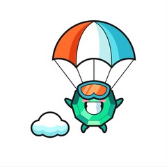 emerald gemstone mascot cartoon is skydiving with happy gesture