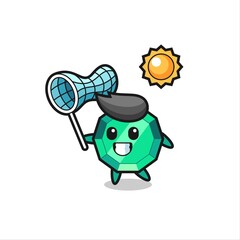 emerald gemstone mascot illustration is catching butterfly