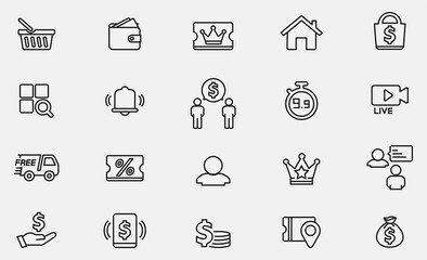 Online Shopping - linear vector icon set. Outline stroke expanded. Pixel perfect. The set contains icons such as Shopping, E-Commerce, Store, Discount, Shopping Cart, Delivering, Wallet