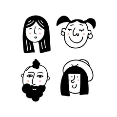 Set of human faces expressing positive emotions. Human faces with wide smiles. Set of cheerful people with happy facial expressions. Vector flat design illustrations isolated on white background.