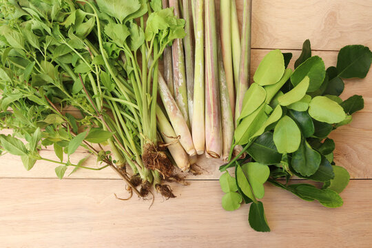 Many vegetables green fresh for herbs isolated on wooden background closeup.