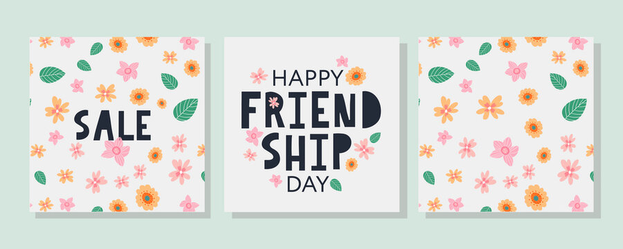 Happy Friendship Day Summer pattern flowers greeting card. For poster, flyer, banner for website template, cards, posters, logo. Vector illustration.
