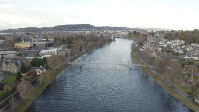 Rising 4k Drone shot of the River Ness, Inverness, Scotland.
