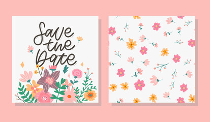 Fototapeta premium Charming Save the Date Lovely spring concept card. Awesome flowers and birds made in watercolor technique. Bright romantic card with summer flowers in vector background