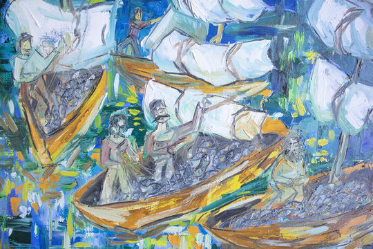 Joyful fishermen with plenty catch fine art artwork. Fishing yachtsmen in sailboats. Colorful illustration with brush strokes surface. Oil painting texture. Wealth and profit concept.