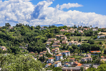Obraz premium Picturesque view valley in Cote dAzur from Cagnes-sur-Mer. Cagnes-sur-Mer (between Nice and Cannes) - commune of Alpes-Maritimes department in Provence Alpes - Cote d'Azur region, France. Europe.