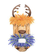 Watercolor picture of a deer or elk with a bouquet of lavender on a white background.