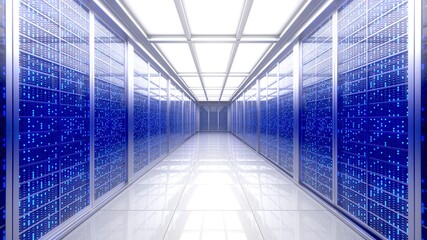 Server racks in computer network security server room data center. Server room data center. Backup, mining, hosting, mainframe, farm and computer rack with storage information. 3d render