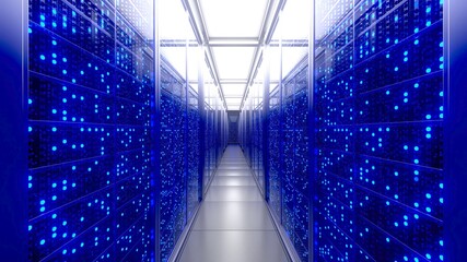 Server racks in server interior room data center. Server room center exchanging cyber datas and connections. Network security. Working Data Center. Supercomputer Technology Concept. 3d rendering