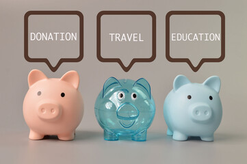 Piggy banks with text DONATION, TRAVEL and EDUCATION. Saving money and life expenses concept.
