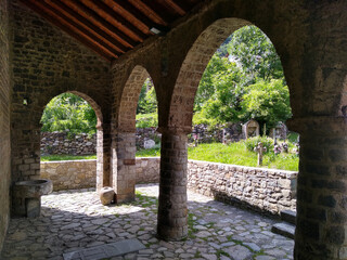 UNESCO World Heritage.
Arcade of the Romanesque Church in the village of Erill la Vall. Valley of Boi. Spain.