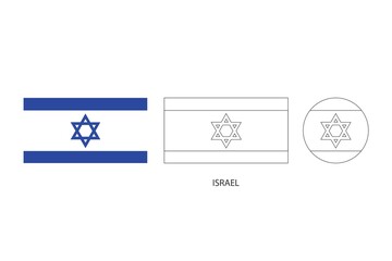 Israel flag 3 versions, Vector illustration, Thin black line of rectangle and the circle on white background.