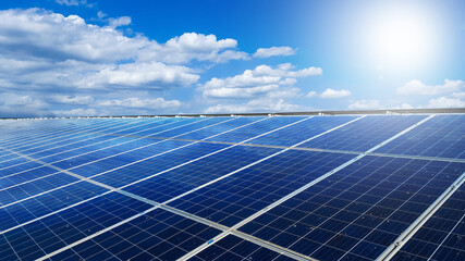 Solar cell panels installed on the roof top of a house become dirty caused by birds poops, with white clouds ,blue sky and the sunlight, to provide power to the house, to go green energy concept