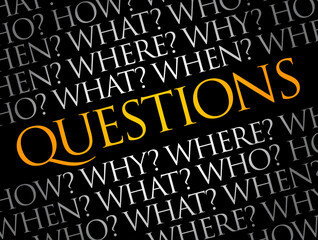 Questions whose answers are considered basic in information gathering or problem solving, word cloud background