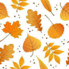 Obraz premium Autumn cartoon leaves seamless pattern. Fall theme background. Falling leaves. Flat design. Nature, outdoor, autumn wallpaper. Vector illustration.