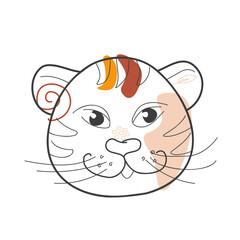 The head of a cheerful tiger in the style of doodles with colored spots. Vector illustration for coloring books, prints, postcards and children's designs. Symbol of the new Year