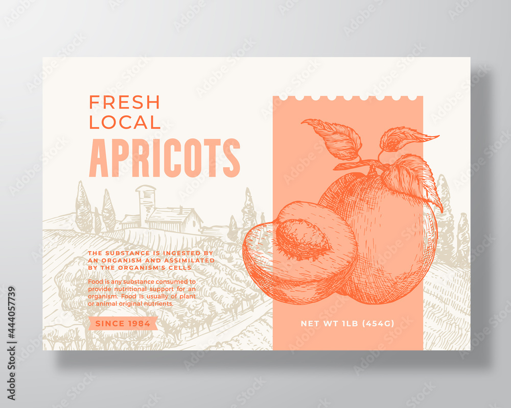 Canvas Prints fresh local apricot food label template. abstract vector packaging design layout. modern typography 