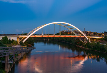 Korean veterans bridge illuminated in the evening in downtown Nashville Tennessee