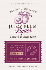 Family Recipe Plum Liquor Acohol Label. Abstract Vector Packaging Design Layout. Modern Typography Banner with Hand Drawn Fruit Silhouette Logo and Background. Isolated
