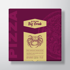 Pizza with Seafood Crab Realistic Cardboard Box Mockup. Abstract Vector Packaging Design or Label. Modern Typography, Sketch Food and Color Paper Background Layout. Isolated