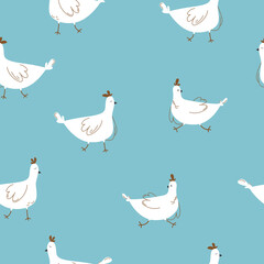 Seamless pattern. Colorful poultry on a blue background for design. Vector illustration