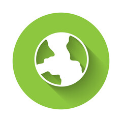 White Worldwide icon isolated with long shadow background. Pin on globe. Green circle button. Vector