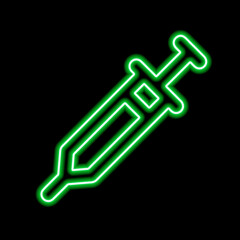 Green neon stylized syringe contour on a black background