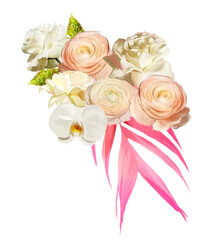 Bouquet of roses white wedding invitations isolated rose orchid ranunculus palm