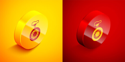 Isometric Unicycle or one wheel bicycle icon isolated on orange and red background. Monowheel bicycle. Circle button. Vector © Kostiantyn