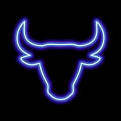 The silhouette of the bull's head is blue neon line on a black background