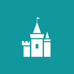 White castle with flag icon. Tower, fortress. Fairy tale, magic, fantasy logo. © Ne Mariya