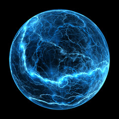 Blue glowing high voltage ball lightning object isolated on black - obrazy, fototapety, plakaty
