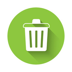 White Trash can icon isolated with long shadow background. Garbage bin sign. Recycle basket icon. Office trash icon. Green circle button. Vector